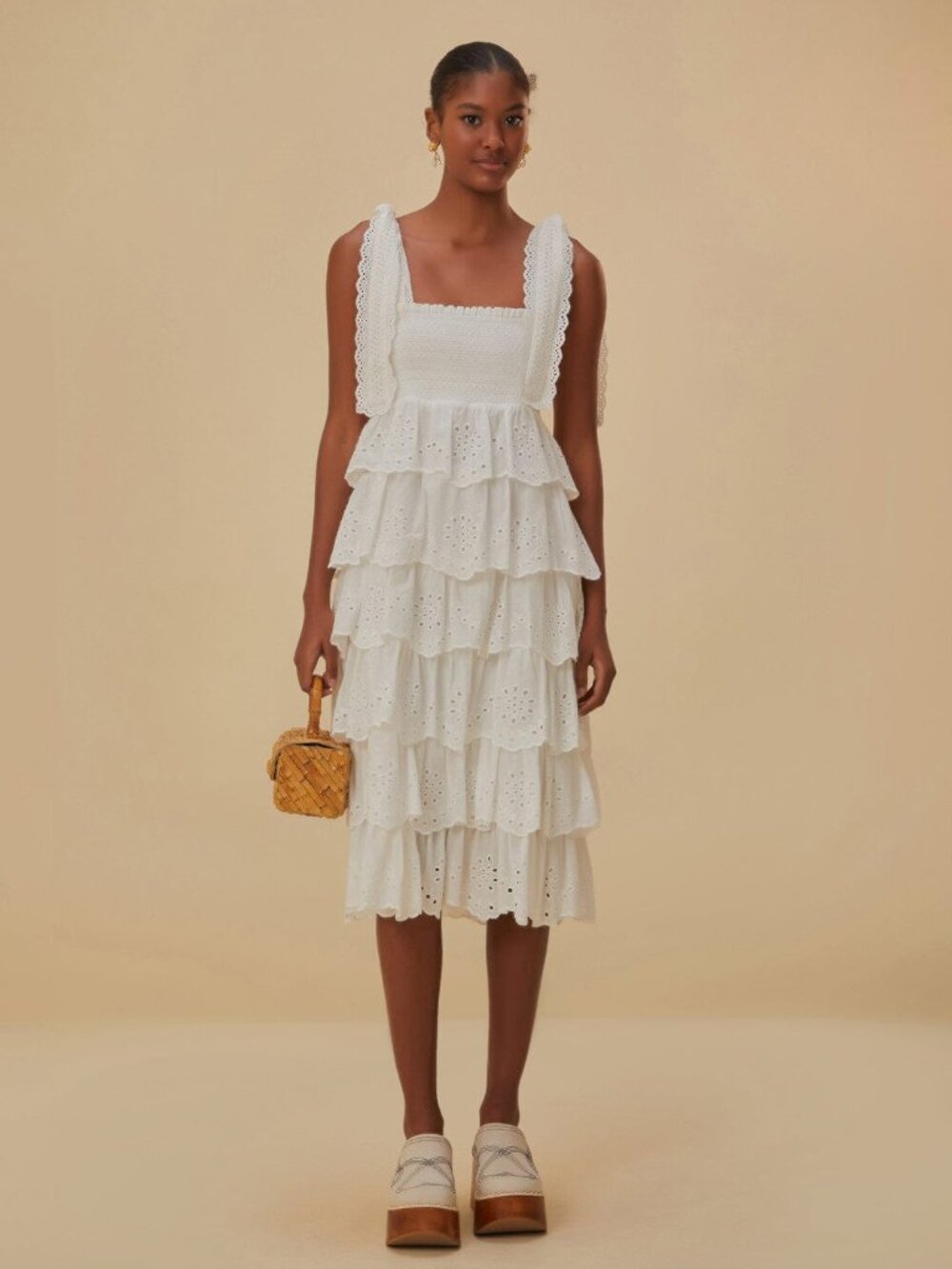 Off-White Embroidered Ruffle Midi Dress
